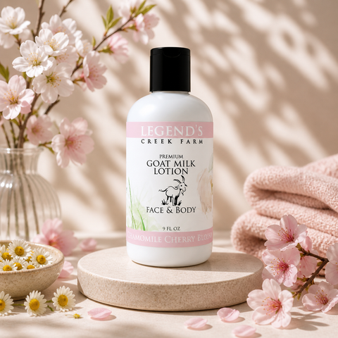 Chamomile Cherry Blossom Goat Milk Lotion – Legend's Creek Farm Chamomile Cherry Blossom Goat Milk Lotion – Legend's Creek Farm