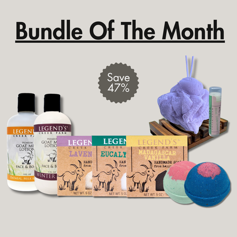 Legend's Creek product bundle with various items on a light gray background, featuring a 'Bundle of the Month' offer.