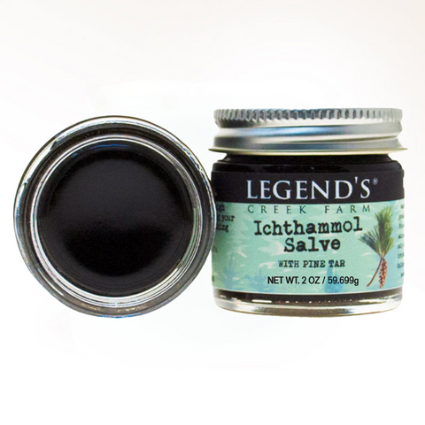 Legend's Creek Farm Ichthammol Salve jar with open lid on a white background