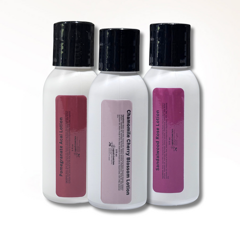 Three bottles of lotion with black caps and pink labels on a white background