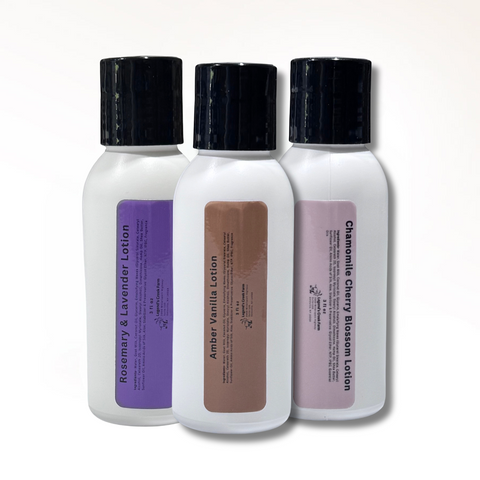 Three bottles of lotion with black caps on a white background